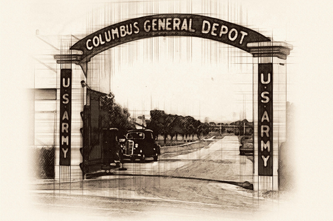 A sketch of what the original gate to the Columbus General Depot looked like. It was an arched stone gate. 